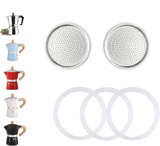 2 Pcs Filter with 3 Pcs Silicone Gasket Seals for 9 Cup Stovetop Espresso Coffee Maker Replacement Parts for DITOSH Aluminium Moka Pot