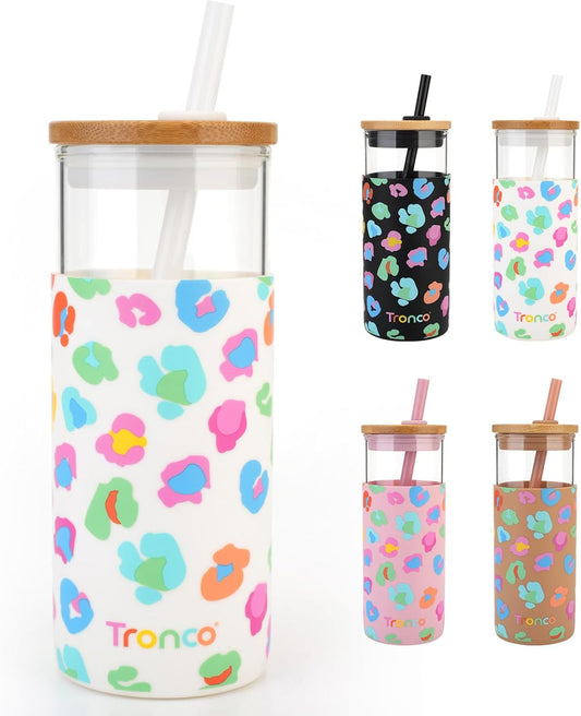 Tronco 20 oz Glass Tumbler with Straw and Bamboo Lid, Iced Coffee Cup Reusable, Smoothie Cups, Tumbler with Silicone Protective Sleeve - BPA Free