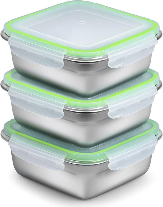 3 Pack Sandwich Containers, 24oz Stainless Steel Sandwich Box with Airtight Lids, Reusable Metal Meal Prep Lunch Boxes, BPA-Free, Dishwasher Safe, Food Storage Containers for Families (Green)