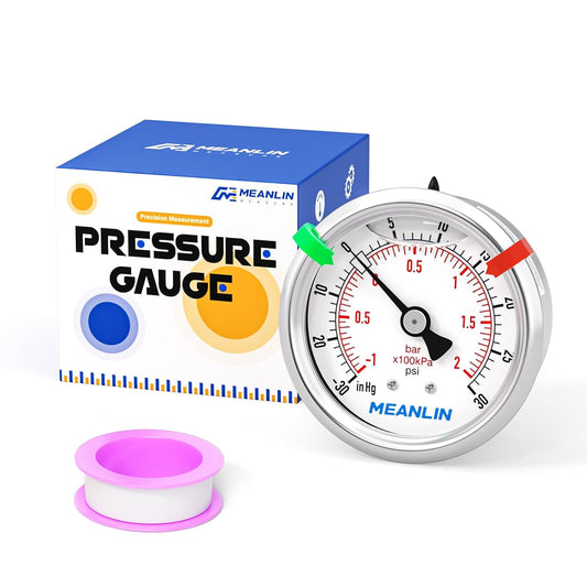 MEANLIN MEASURE -30inHG~30Psi Vacuum Pressure Gauge 1/8" NPT 2.5" FACE DIAL, Stainless Steel Liquid Filled Pressure Gauge WOG Water Oil Air Center Back Mount (with 2PCS Snaps)