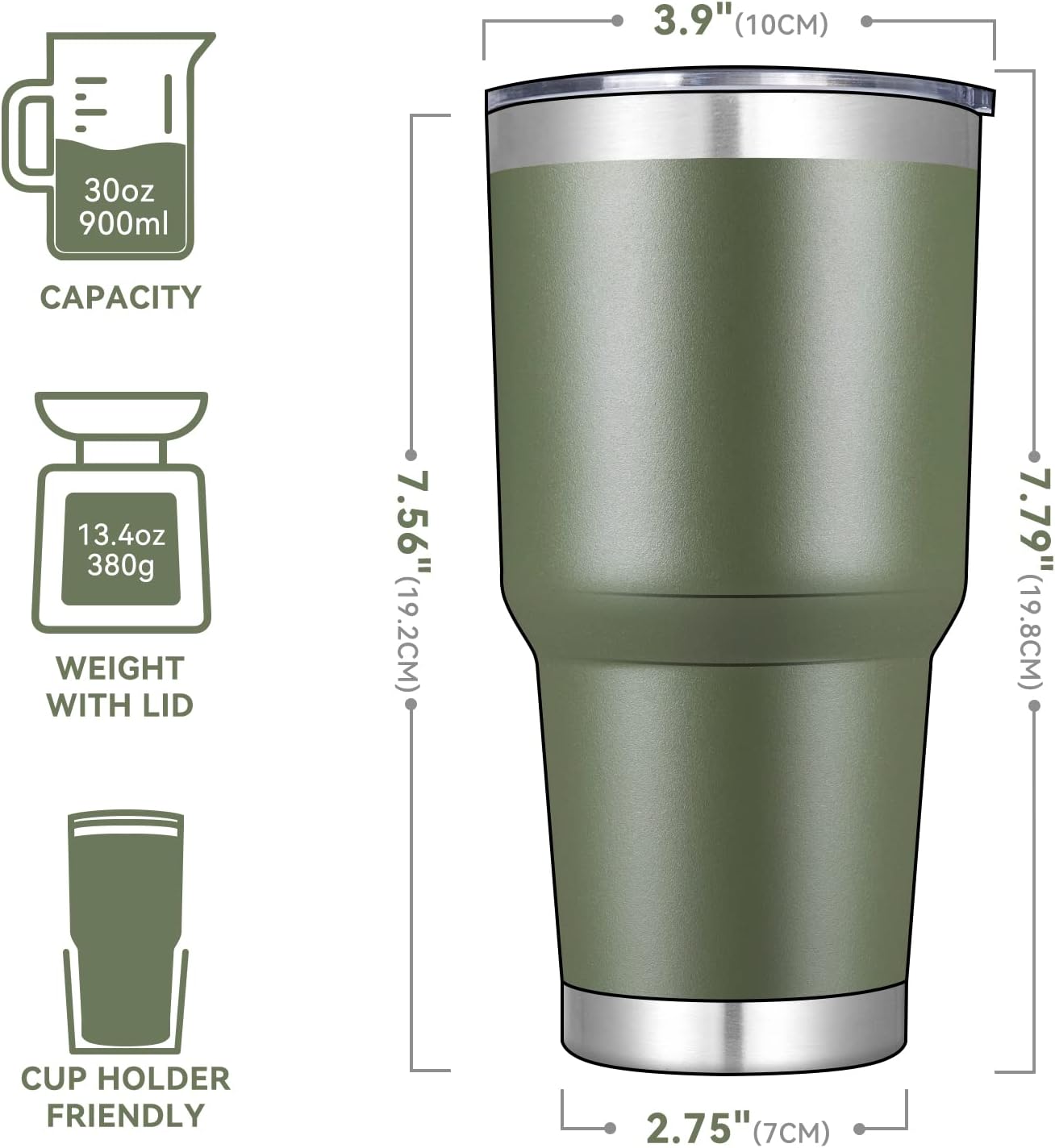 DOMICARE 30 oz Tumbler with Lid and Straw, Stainless Steel Tumblers Bulk, Insulated Vacuum Double Wall Travel Coffee Mug, Durable Powder Coated Tumbler Cups (Army Green, 8)