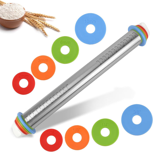 Adjustable Rolling Pin with 4 Thickness Rings for Baking, 17” Stainless Steel Dough Roller with Clear Measurement Markings for Pizza, Fondant, Pie, Cookies, Baking Supplies, Pastry, Pasta