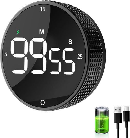 Rechargeable Magnetic Kitchen Timer-Loud Alarm Visual Productivity Timer&Pomodoro Timer with Large LED Display,3 Presets(5/15/25min),3 Volume Levels.Ideal for Cooking Fitness&Office Use(Blk)