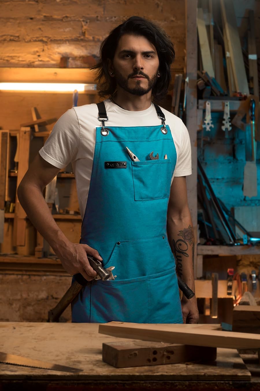 Asaya Chef and BBQ Apron with Bottle Opener and Hand Towel - 10oz Cotton Canvas, Stainless Steel Hardware - Cross Back Straps