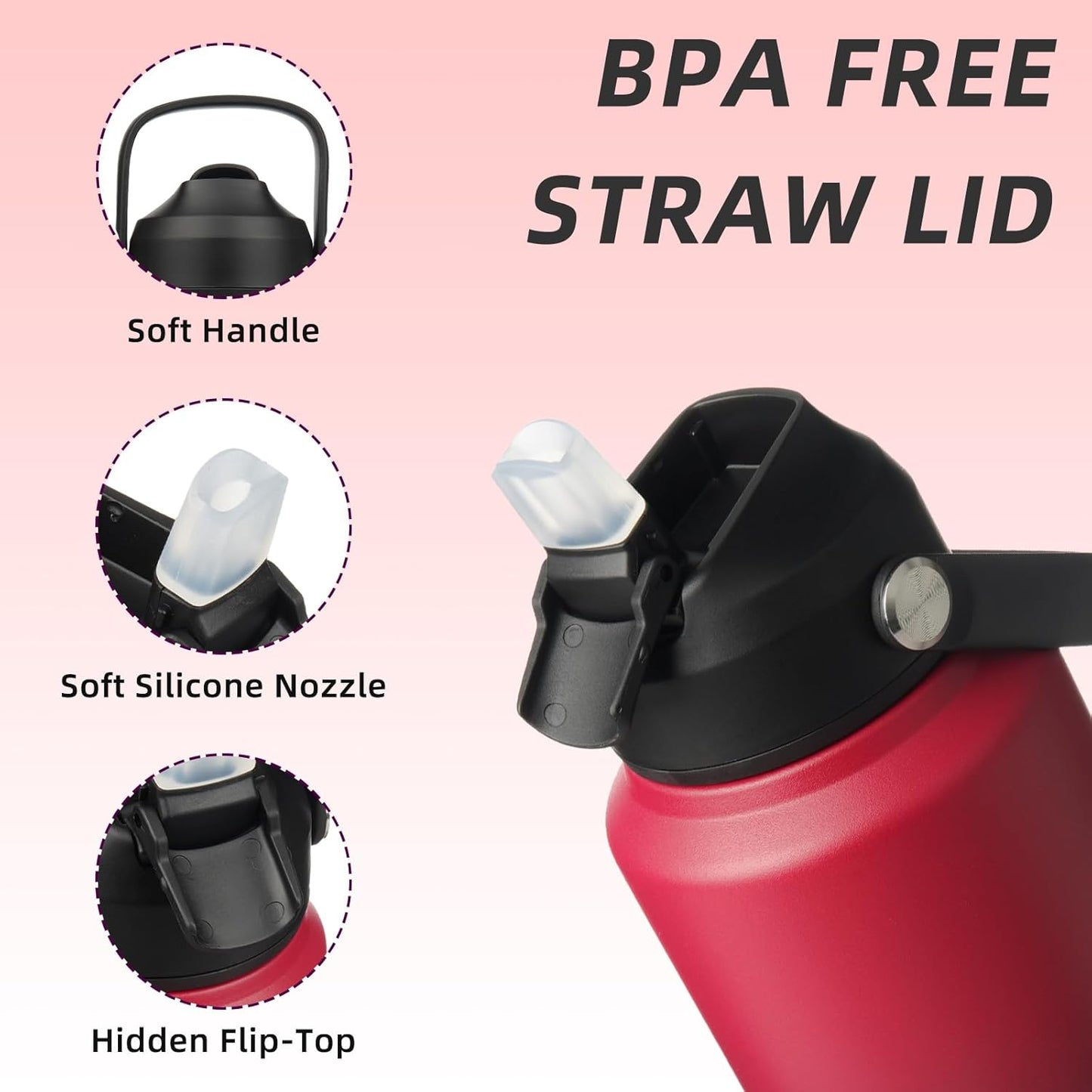 BJPKPK Insulated Water Bottle with Straw Lid, 40oz Large Thermos, BPA Free Leak Proof Stainless Steel Metal Water Bottles, Tumblers, Cups, Flasks for Travel, Sports,Charming Red