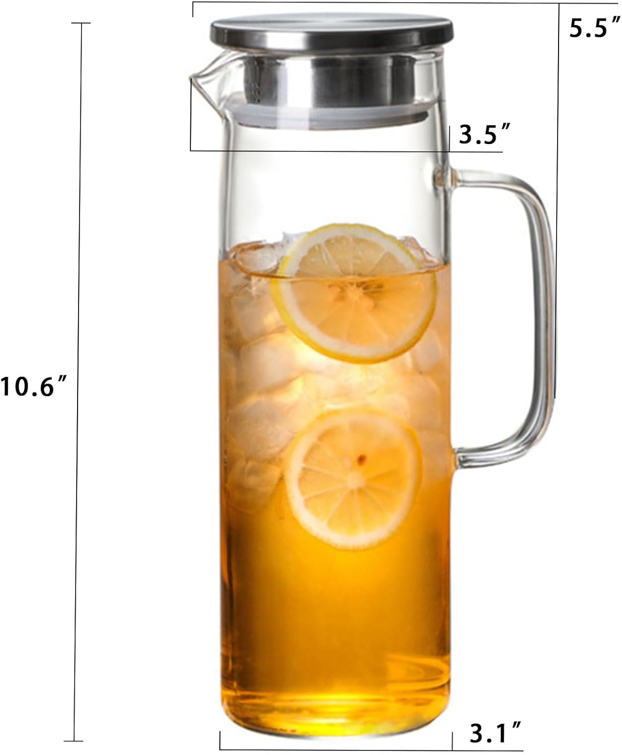 hjn Glass Pitcher with Lid Glass Water Carafe with Handle, Fridge Water Jug Cold or Hot Beverages, Iced Tea, Milk, Juice 1500ml/51oz & aluminum lid