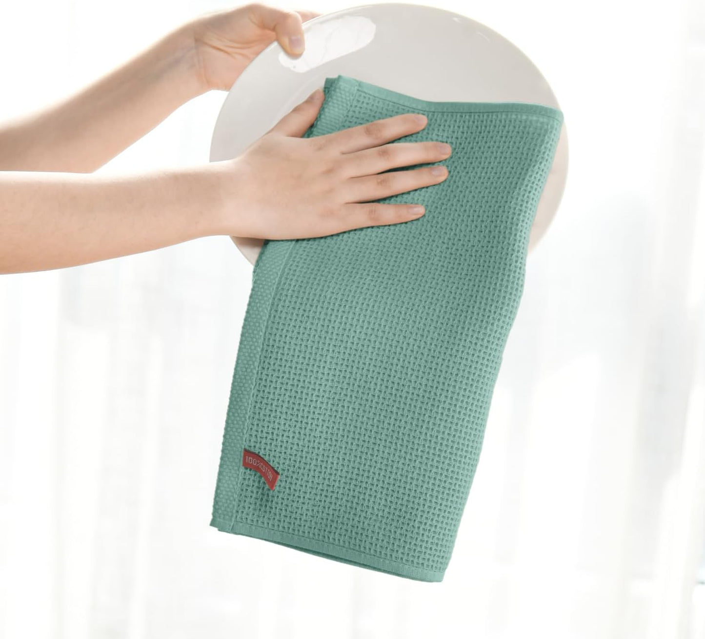 Artoid Mode 100% Cotton Light Green Waffle Weave Kitchen Dish Cloths, 12x12 Inch Ultra Soft Absorbent Quick Drying Kitchen Dish Towels Set of 6