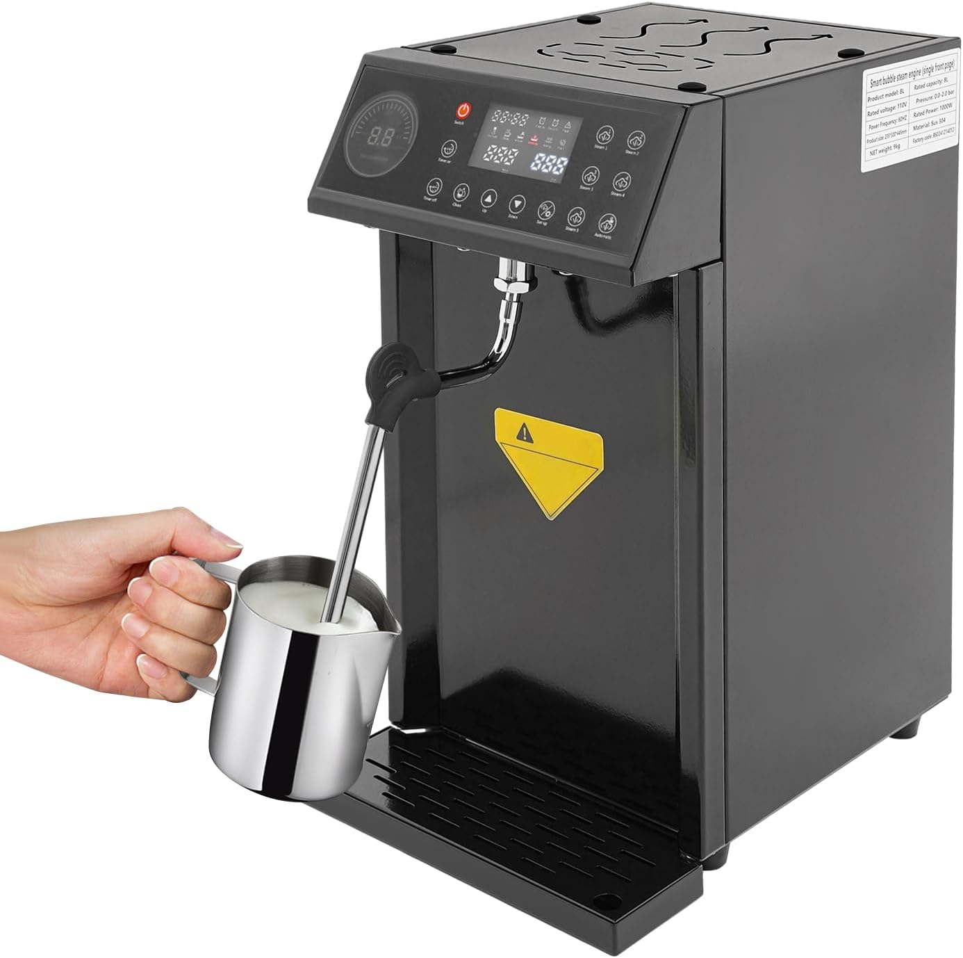 8L/2.11gal Commercial Steam Milk Frother, 3000W 5-Gear Fast Heating Milk Steamer Machine Electric Steam Milk Frothing Machine Espresso Coffee Milk Foam Machine for Bar Cafe