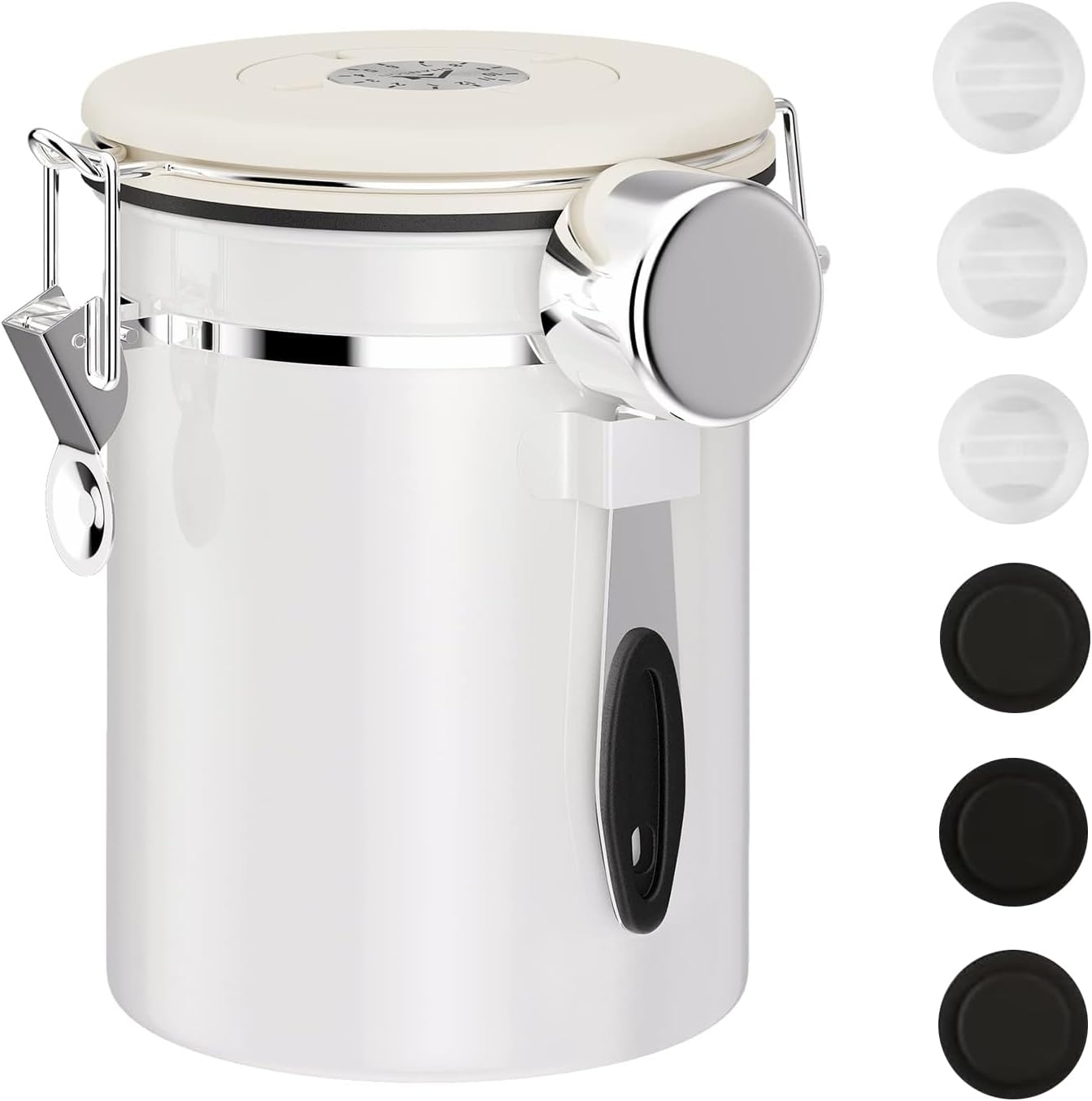 ShanSon Coffee Canister Airtight Coffee Container Stainless Steel Coffee Bean Storage Container with CO2 Release Valve and Scoop Coffee Canister for Beans,Grounds,Sugar,Flour,Tea,Cereal,22OZ,Off-White
