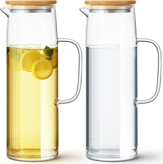 Hsei 2 Sets Glass Pitcher with Lid, 50 oz / 1500 ml Water Carafe with Handles Hot Cold Beverage Water Jar Glass Jug for Tea Juice Milk Coffee Iced Beverage