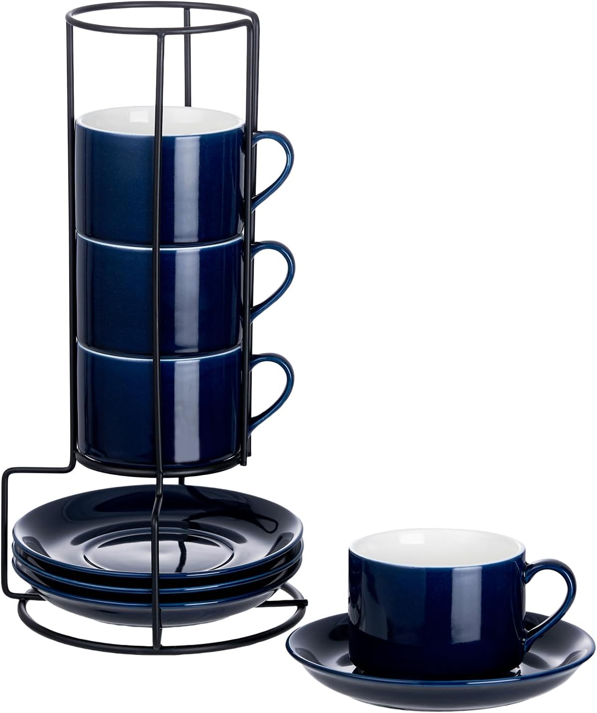 8oz Porcelain Stackable Cappuccino Cups with Saucers and Metal Stand Set of 4, Coffee Cups for Espresso, Specialty Coffee Drinks, Latte, Americano and Tea - Blue