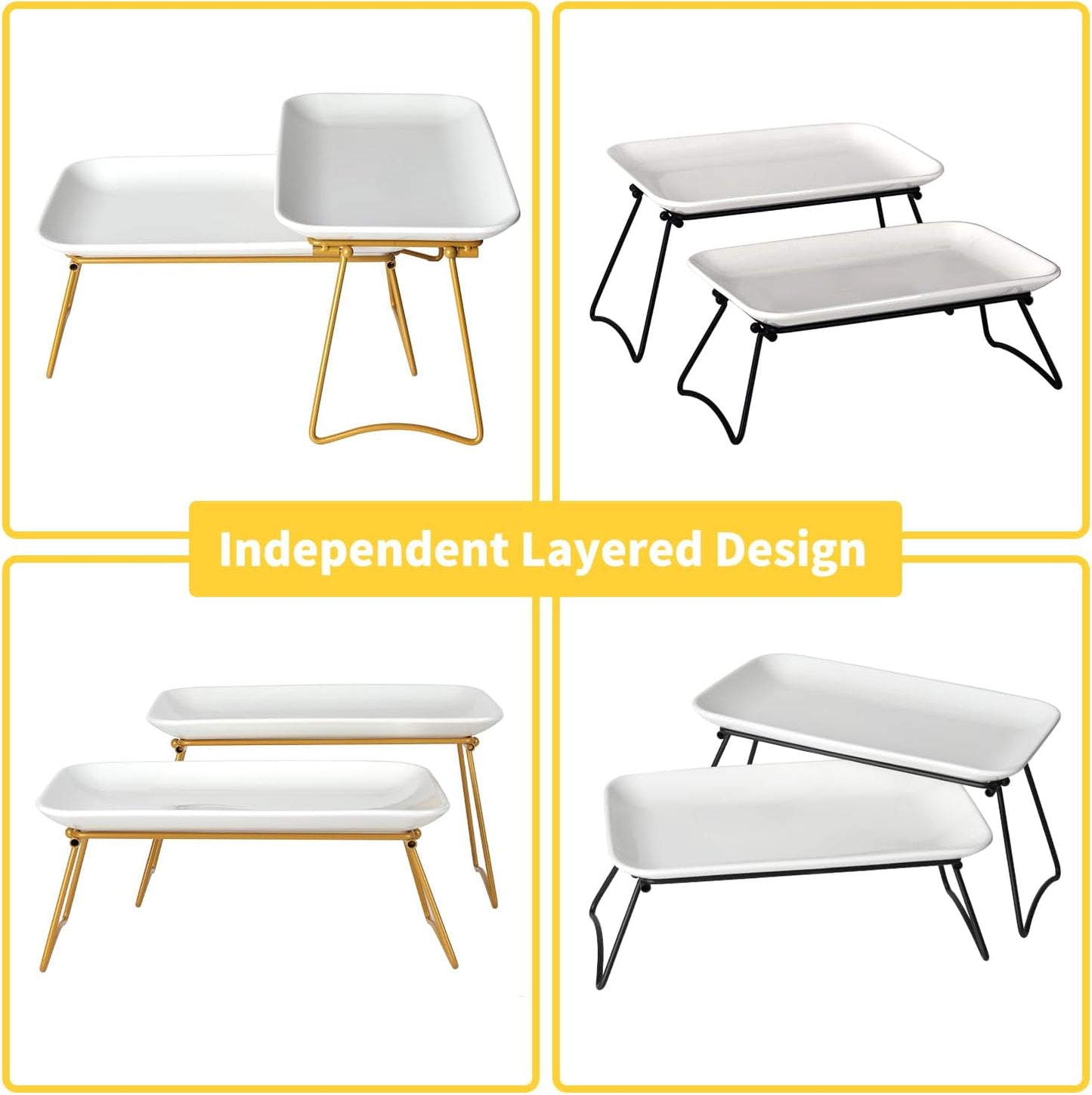 HAPPY KIT 12 Inch 2 Tier Serving Tray,Tiered Tray Stand with Freely Combinable Rack,Serving Platter for Appetizer Steak Chips Dessert, Black