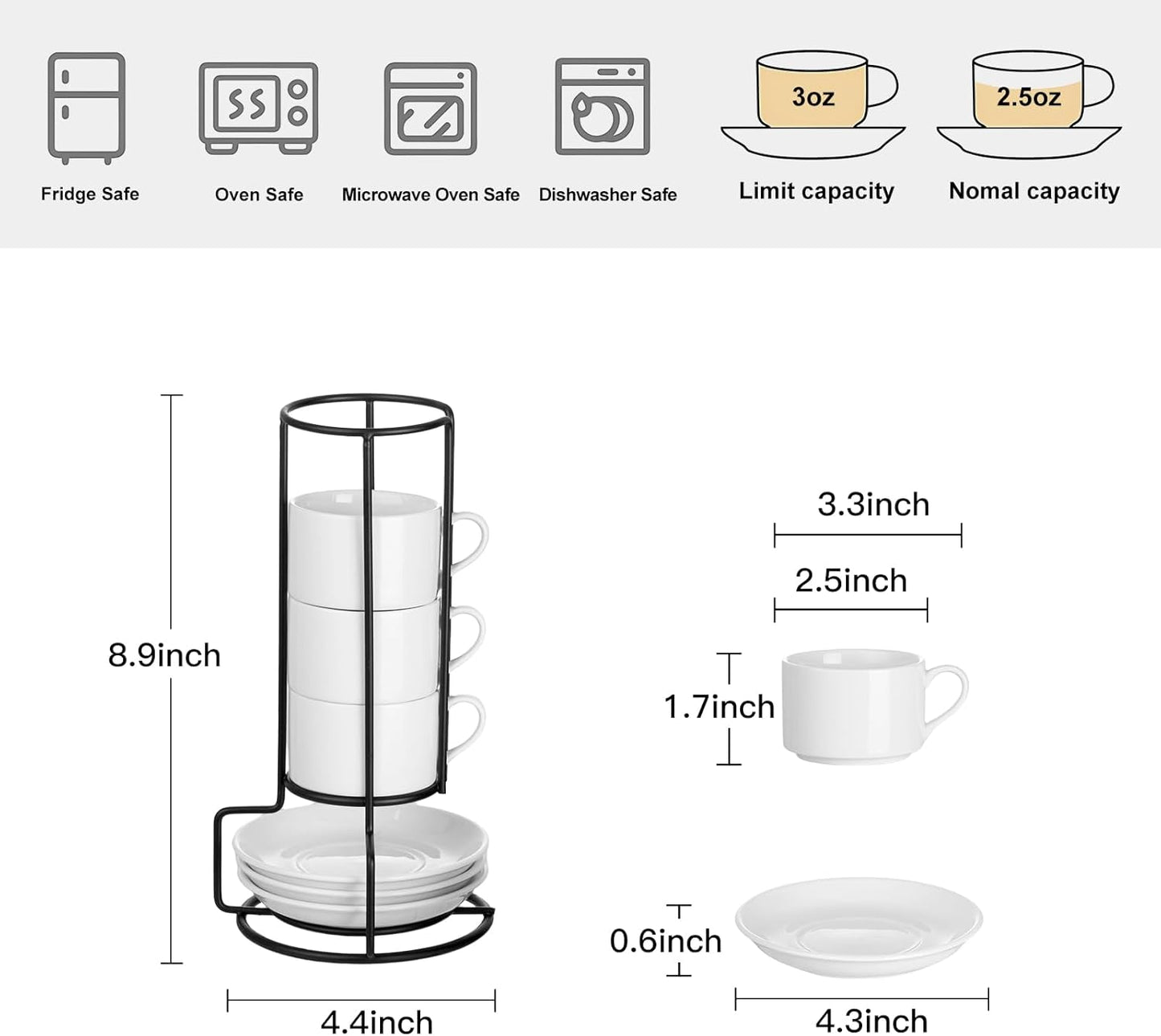 2.5oz Porcelain Stackable Espresso Cups with Saucers and Metal Stand Set of 4, Stackable Cappuccino Cups, White Expresso Shots Cup Set for Coffee Drinks, Latte, Tea