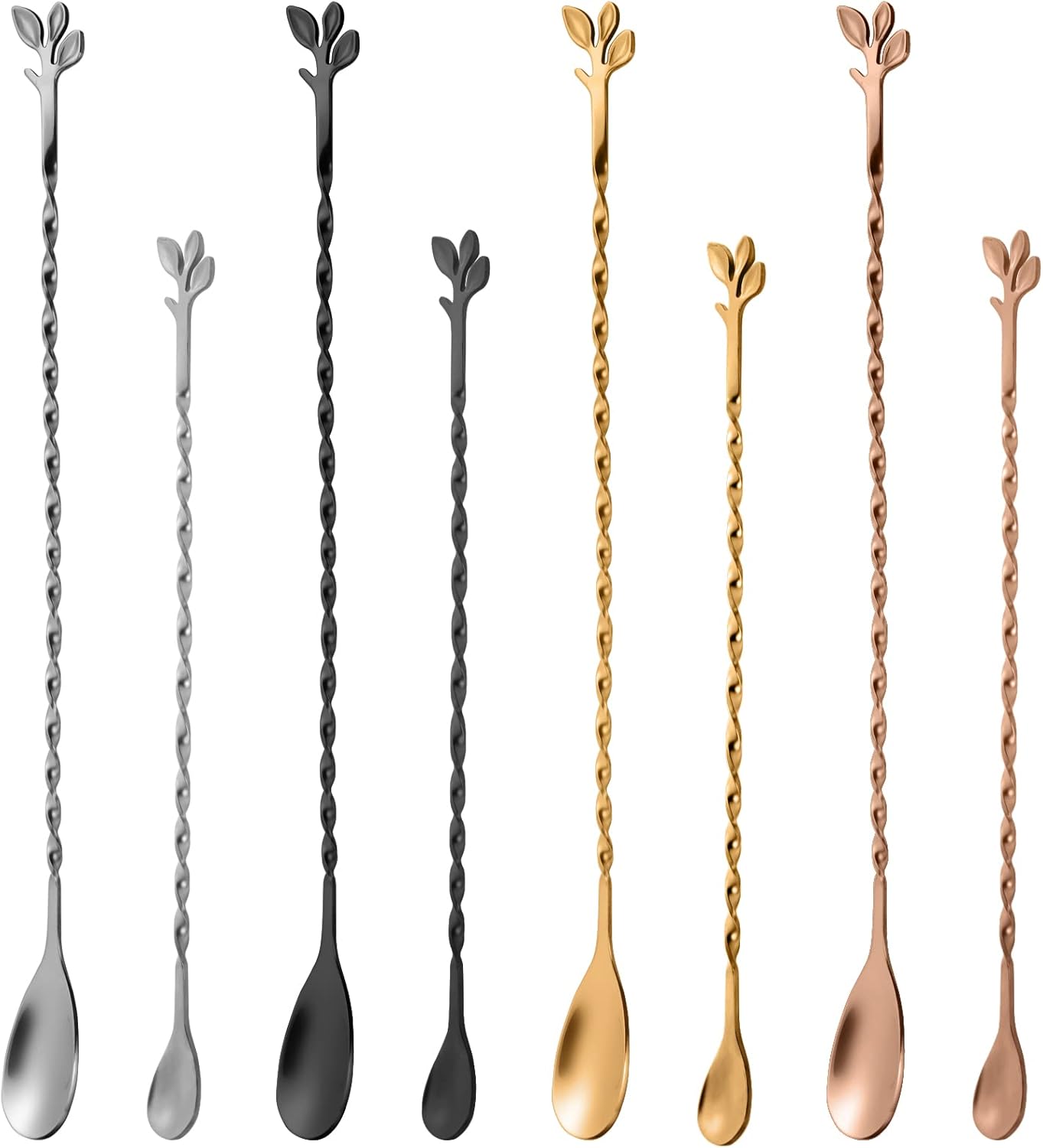 AnSaw Silver 10-Inch Stainless Steel Cocktail Spoon with Leaf Handle - Perfect for Mixing & Layering Drinks in Tall Cups, Bar & Shakers - Durable Long Handle Bar Stirrer,2-Pieces