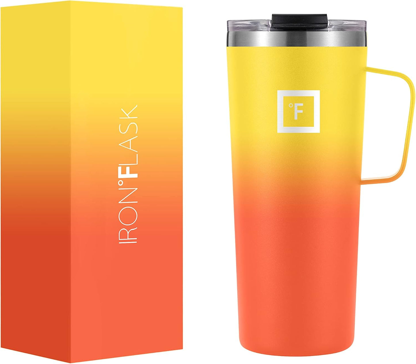 IRON °FLASK Grip Coffee Mug - Leak Proof, Vacuum Insulated Stainless Steel Bottle, Double Walled, Thermo Travel, Hot Cold, Water Metal Canteen - Fire, 24 Oz - Rubber Bottom