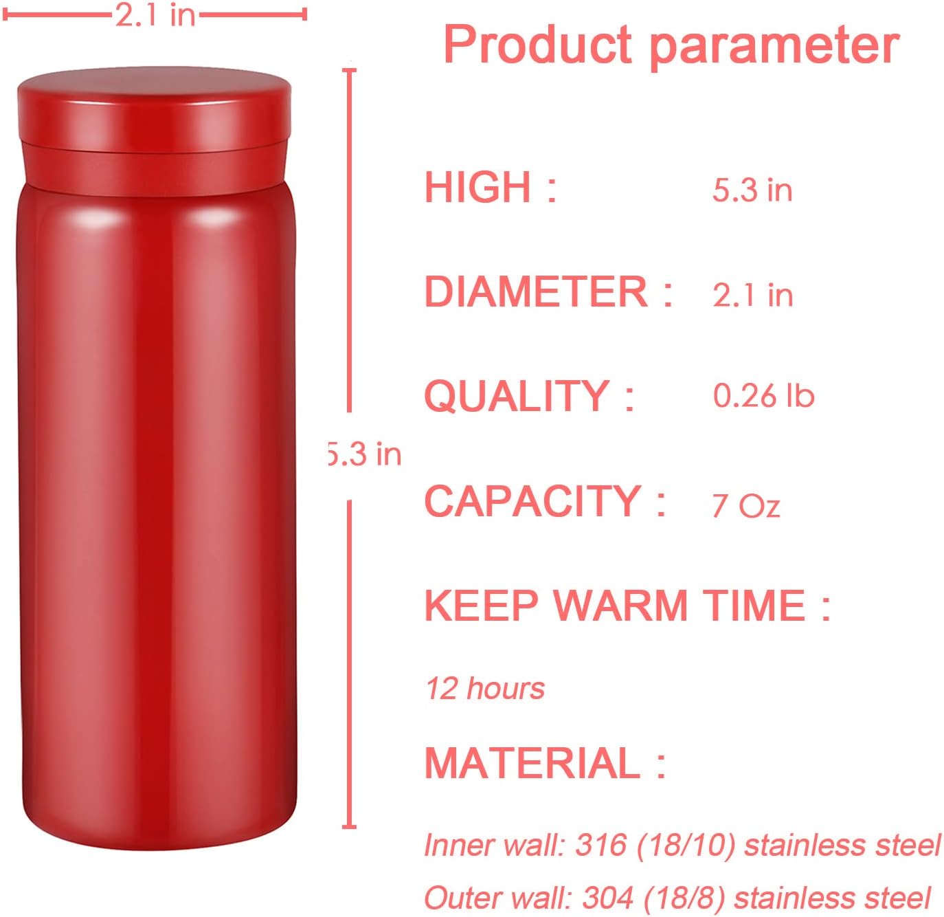 Mini Thermos Cute Water Bottle - 7 oz Tiny Insulated Vacuum 18/10 Stainless Steel Small Flask - Leak Proof & Spill Proof & Keeps Cold and Hot for Drink, Coffee, Tea - Red