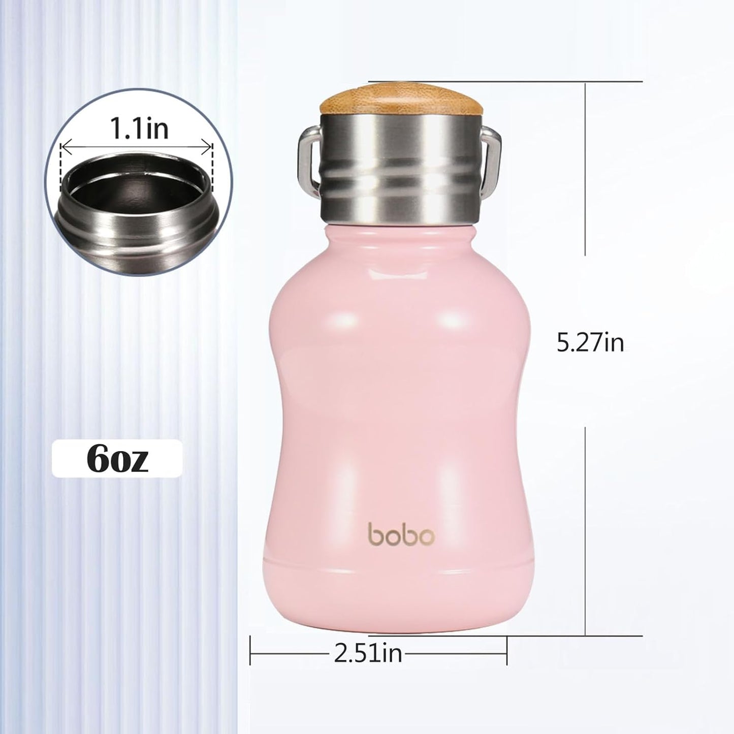 YOHKOH Mini Vacuum Insulated Water Bottle With Bamboo Lid - Stainless Steel Thermos Water Bottle for Women Girls Kids, Metal Sports Hot and Cold Water Bottle Leak-Proof BPA-Free (6.4oz,Pink)