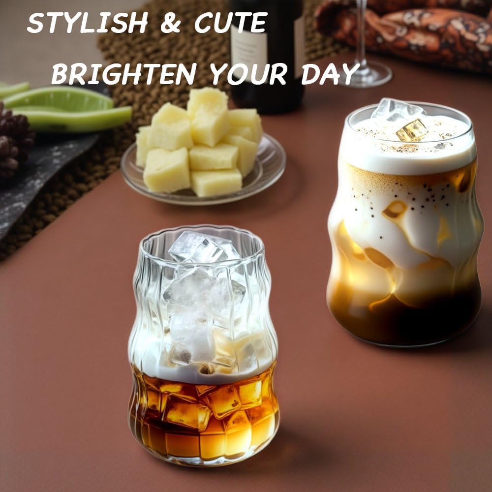 2 Pcs Ribbed Glass Cups, 18oz Vintage Ripple Drinking Glasses Glassware for Iced Coffee, Juice, Milk, Cocktails, Water, Cold Beverages
