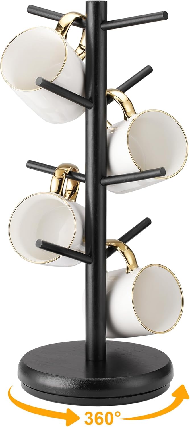 Lorbro Coffee Mug Tree, 360° Rotated Mug Holder with 8 Hooks, Wooden Coffee Cup Holder Rack Stand Accessories for Countertop Kitchen Decor Organizer