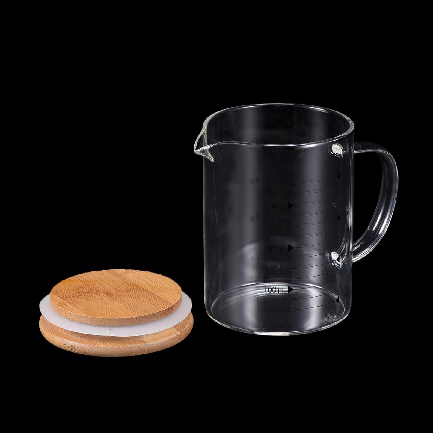 PATIKIL 350ml Glass Measuring Cup, 3.3 Borosilicate Glass Graduated Black Printed Scale Liquid Measure Cups Beaker with Wood Lid and V-Shaped Spout for Kitchen