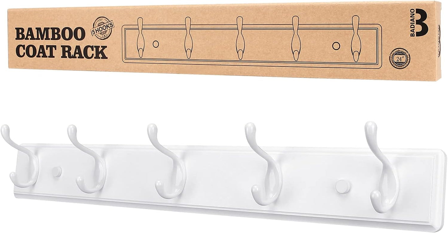 Wooden Coat Rack, Wall-Mounted Organizer for Closet, Entryway, Hallway, Foyer, Bedroom, Heavy Duty Double Hooks for Hanging Towels, Bags, Hats, Jackets, Key (White, 5 Hooks)