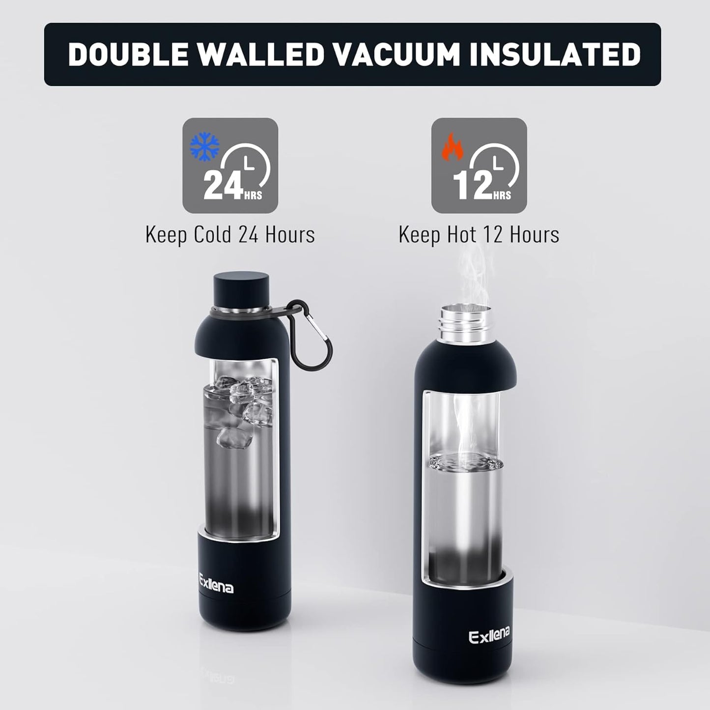 Slim Insulated Water Bottles for Travel 25oz with Clip, Double Wall Vacuum Stainless Steel Water Bottle Keeps Drinks Cold 24 Hrs/Hot 12 Hrs, 100% Leakproof, BPA Free(Black)