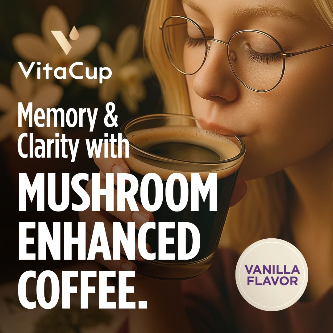 VitaCup Focus Mushroom Coffee Grounds, Vanilla Flavored Coffee with Lions Mane, Chaga, B Vitamins, D3, Boost Focus, Immunity, Memory & Clarity, Medium Dark Roast, 100% Arabica Specialty, 3 bags, 10 oz each