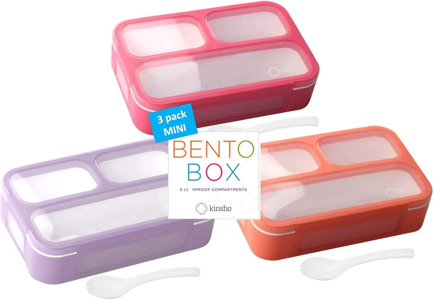 kinsho MINI Lunch-Box Snack Containers for Kids | SMALL Bento-Box Portion Container | Toddler Pre-School | Leak-proof Boxes for Work, Travel | Best for Adults Boys Girls | Pink Purple, Coral 3 pack