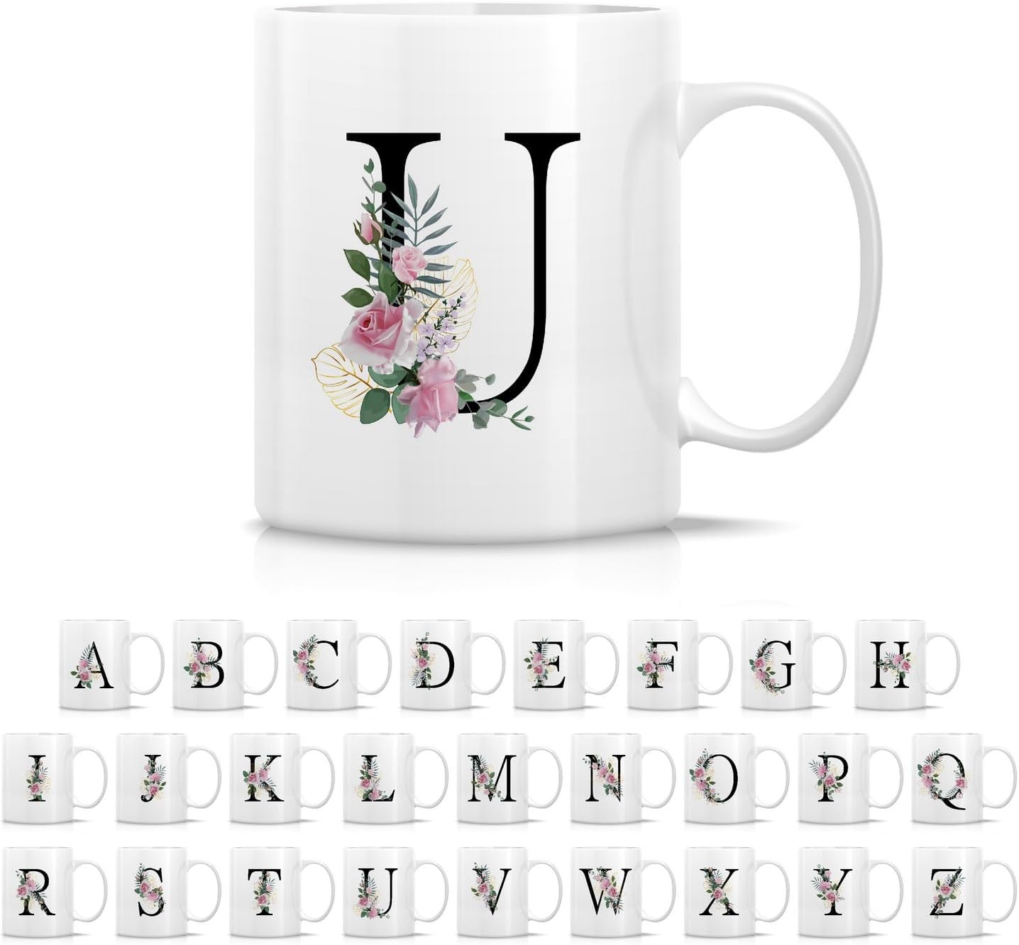 Retreez Initial A-Z Floral Botanical Bouquet Alphabet Monogrammed Monogram Mug 11 Oz Ceramic Tea Coffee Mugs - Appreciation Thank You Wedding Birthday Gifts for her friend coworker sister - U Initial