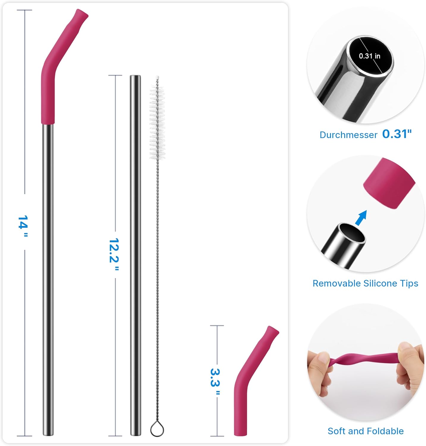 Metal Straw with Silicone Tip for 40oz Stanley Cup, 2 Pcs Stainless Steel Straws Replacement for Stanley 40 oz Adventure Quencher Travel Tumbler Cup, 1 Straw Brush (Fuchsia Red)