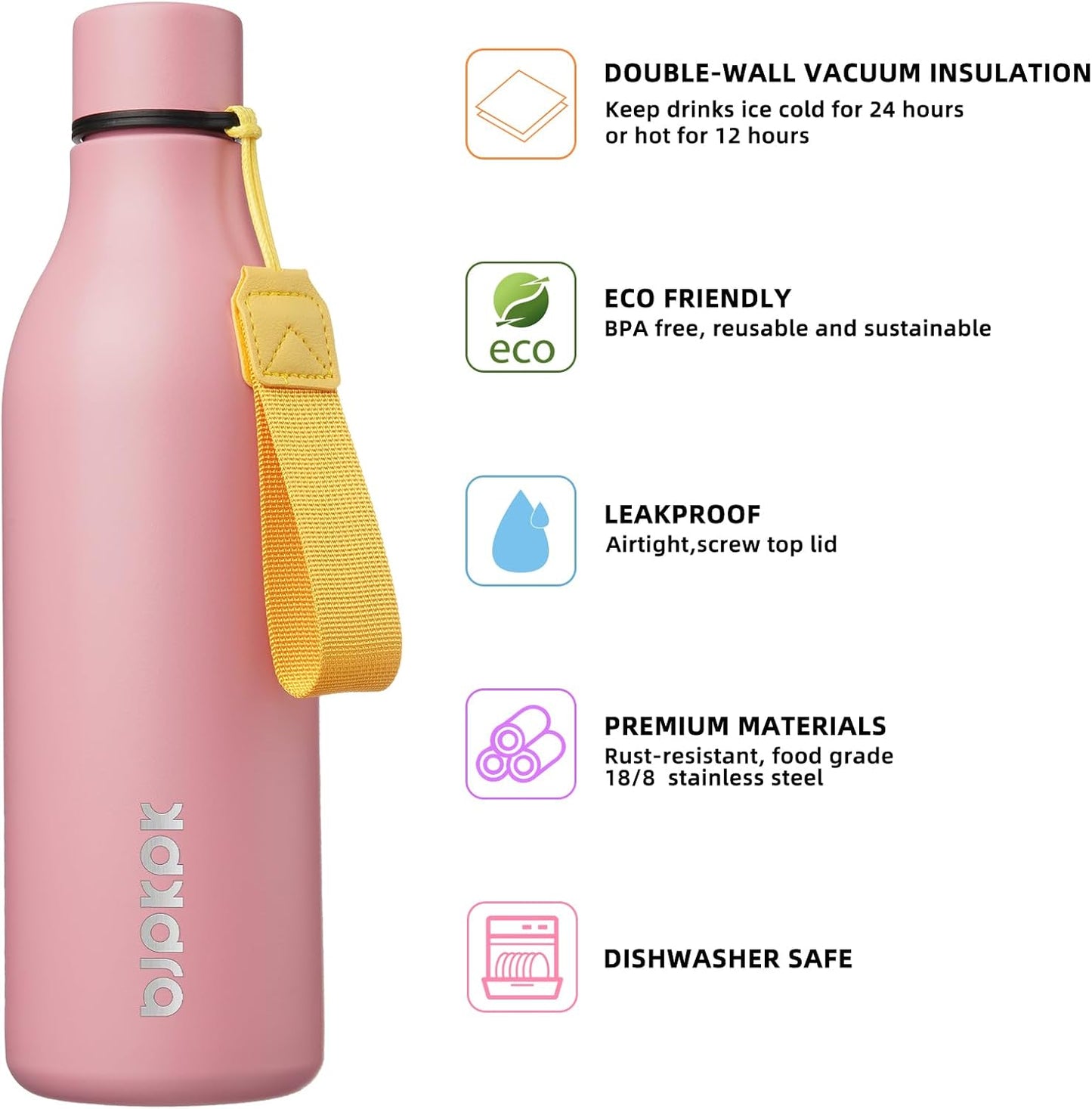 BJPKPK Insulated Water Bottles, 25 oz Stainless Steel Metal Water Bottle with Strap, BPA Free Leak Proof Thermos, Mugs, Flasks, Reusable Water Bottle for Sports & Travel, Light Pink