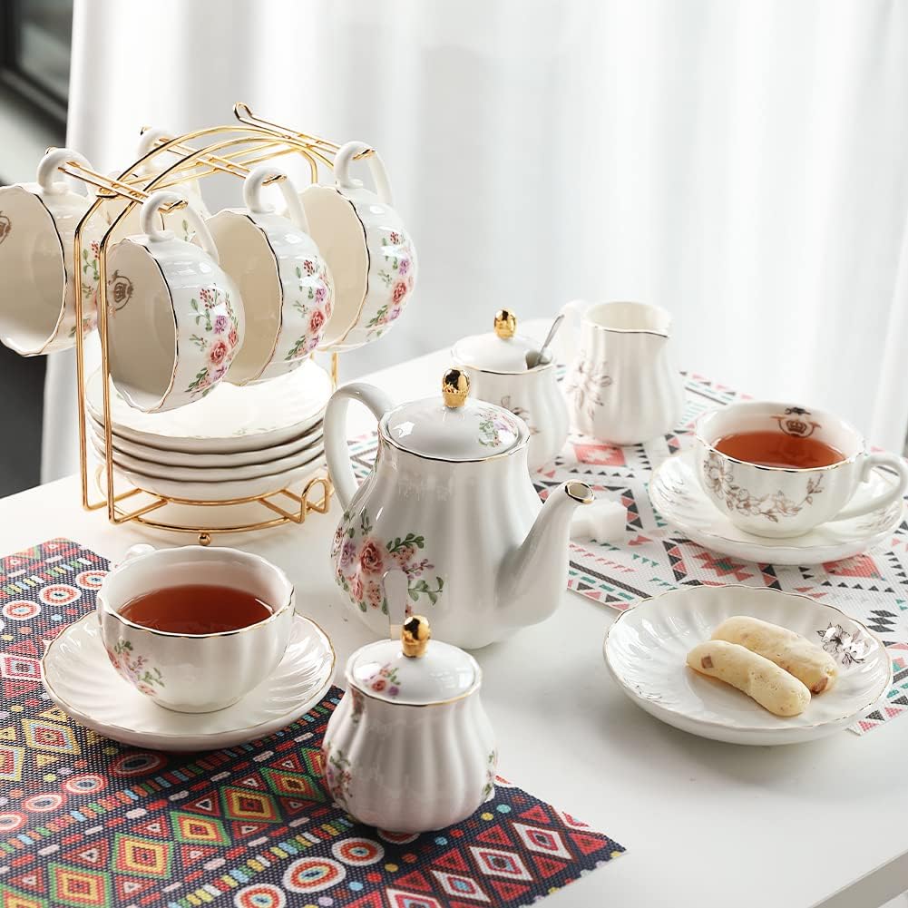 Porcelain Tea Sets British Royal Series, 8 OZ Cups & Saucer Service for 6, with Teapot Sugar Bowl Cream Pitcher Teaspoons and Tea Strainer, Suitable for High Tea, Wedding, Party（Rose Flower）
