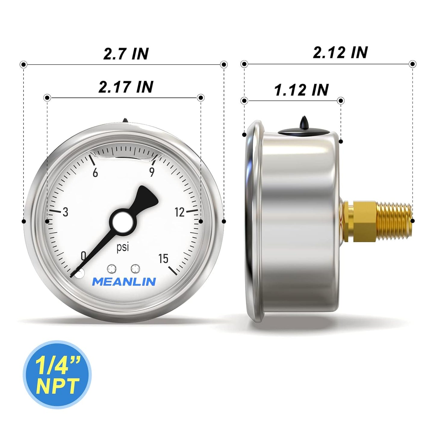 MEANLIN MEASURE 0~15Psi Stainless Steel 1/4" NPT 2.5" Single Scale FACE DIAL,Glycerin Filled Pressure Gauge, WOG Water Oil Air Back Mount, with 1/4" x 1/2" NPT and 1/4" x 3/8" NPT Hex Bushing