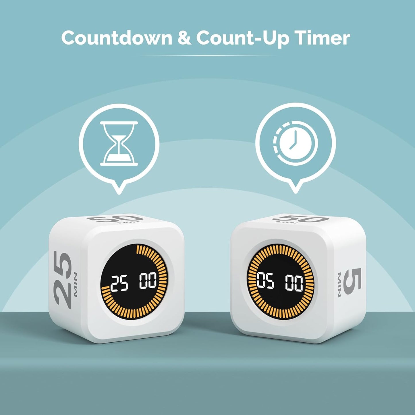 KADAMS Pomodoro Cube Timer Productivity Visual Timer - 5/10/25/50 Min Rotating Countdown, Customize Countup Silent Mode- for Work Study Cook Workout Kitchen Back to School Classroom (White, 2 Pack)