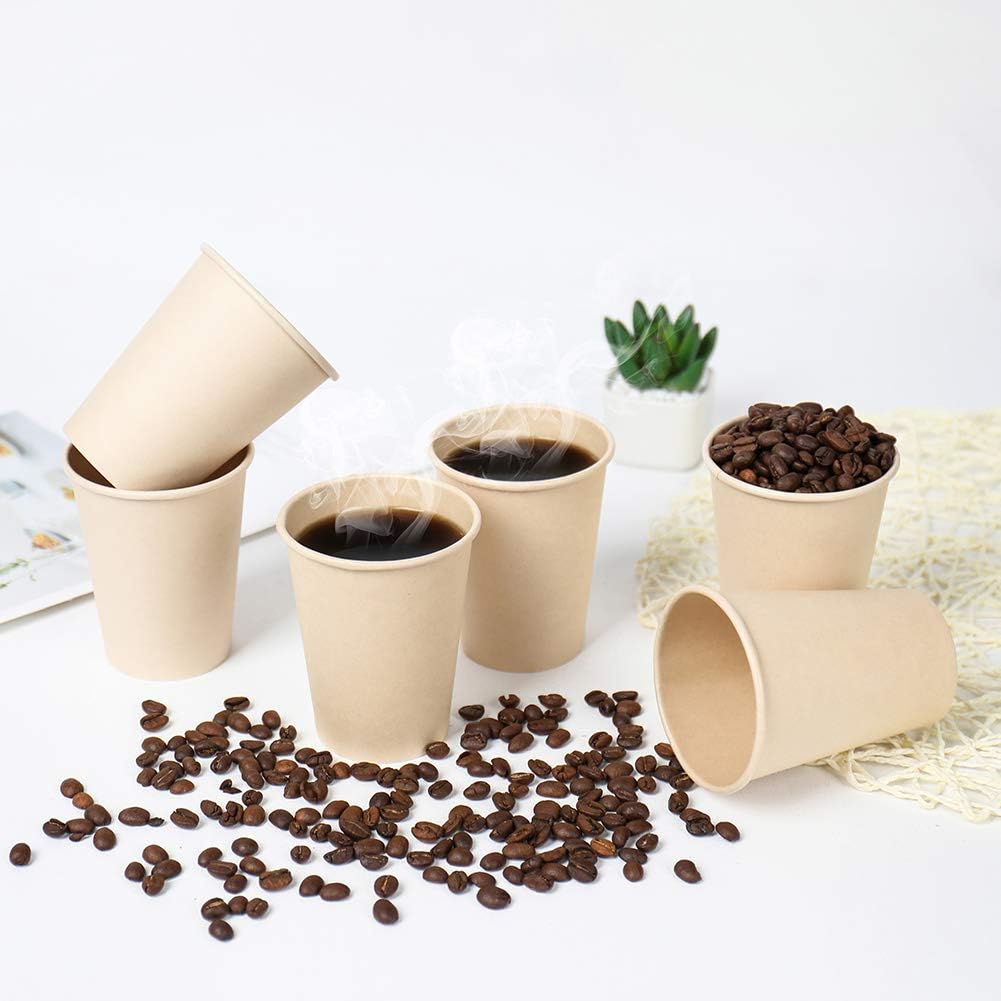 100 Count 12 oz Plant Fiber Disposable Light Brown Paper Coffee Cups, Perfect for Hot Drink, Hot Coffee, Hot Cocoa, Hot Tea, 12oz Water cups