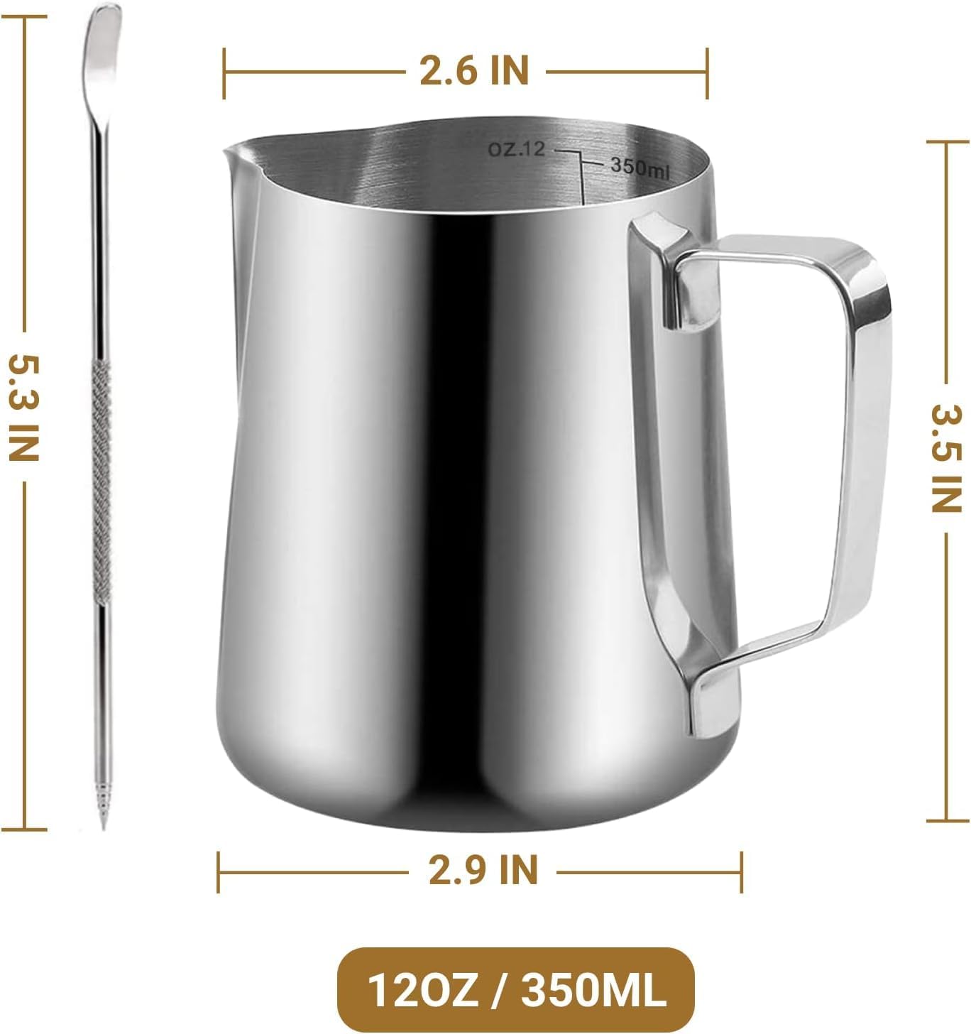 Milk Frothing Pitcher, 350ml/600ml (12oz/20oz) Milk Frother Cup Stainless Steel Jug Steaming Pitcher, Milk Coffee Cappuccino Latte Art Barista Steam Pitchers Milk Jug Cup with 2Pcs Decorating Pen