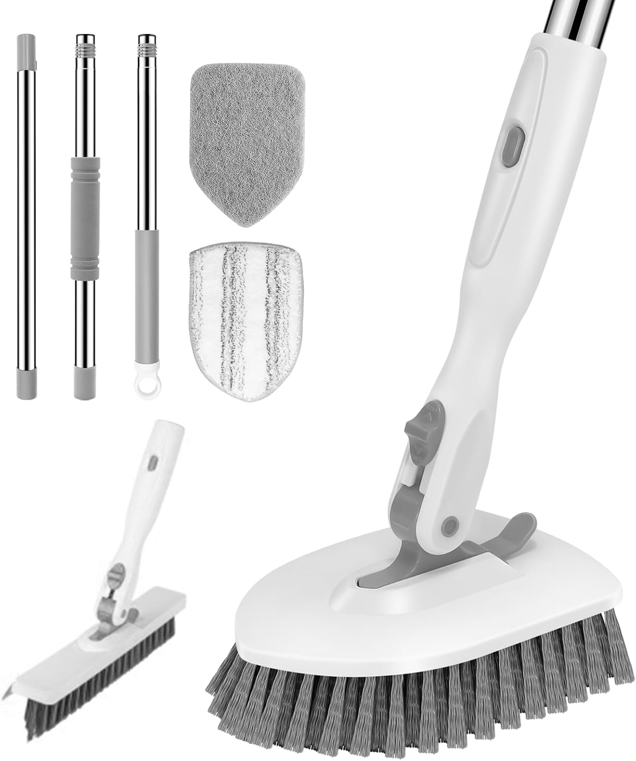 SetSail 4-in-1 Tile Tub Floor Scrubber with 52-inch Long Adjustable Handle Shower Cleaner Brush with V-Shaped Grout Brush and 3 Replacement Brush Heads for Bathroom Kitchen Sink Walls Tub Tile, White