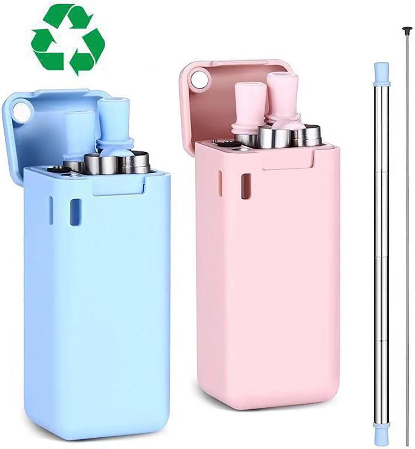 Foldable Straw with Storage Box, Reusable Folding Stainless Steel Straw, Portable Collapsible Set with Silicone Tip and Cleaner Brush for Travel Home Work (green)