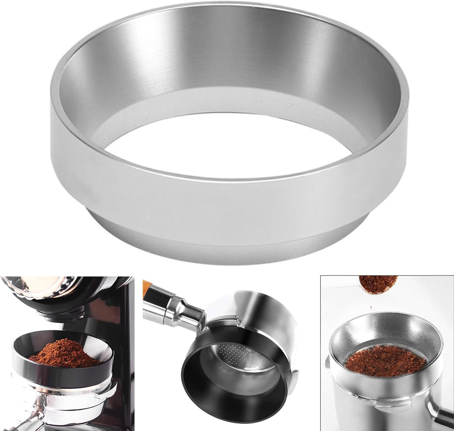 1pc Espresso Dosing Funnel 51/53/58mm Coffee Dosing Ring Aluminum Espresso Distribution Coffee Tool for Home Coffee Bar Shop College Dorm Room Apartment Essential Coffee Accessories (58mm, Silvery)