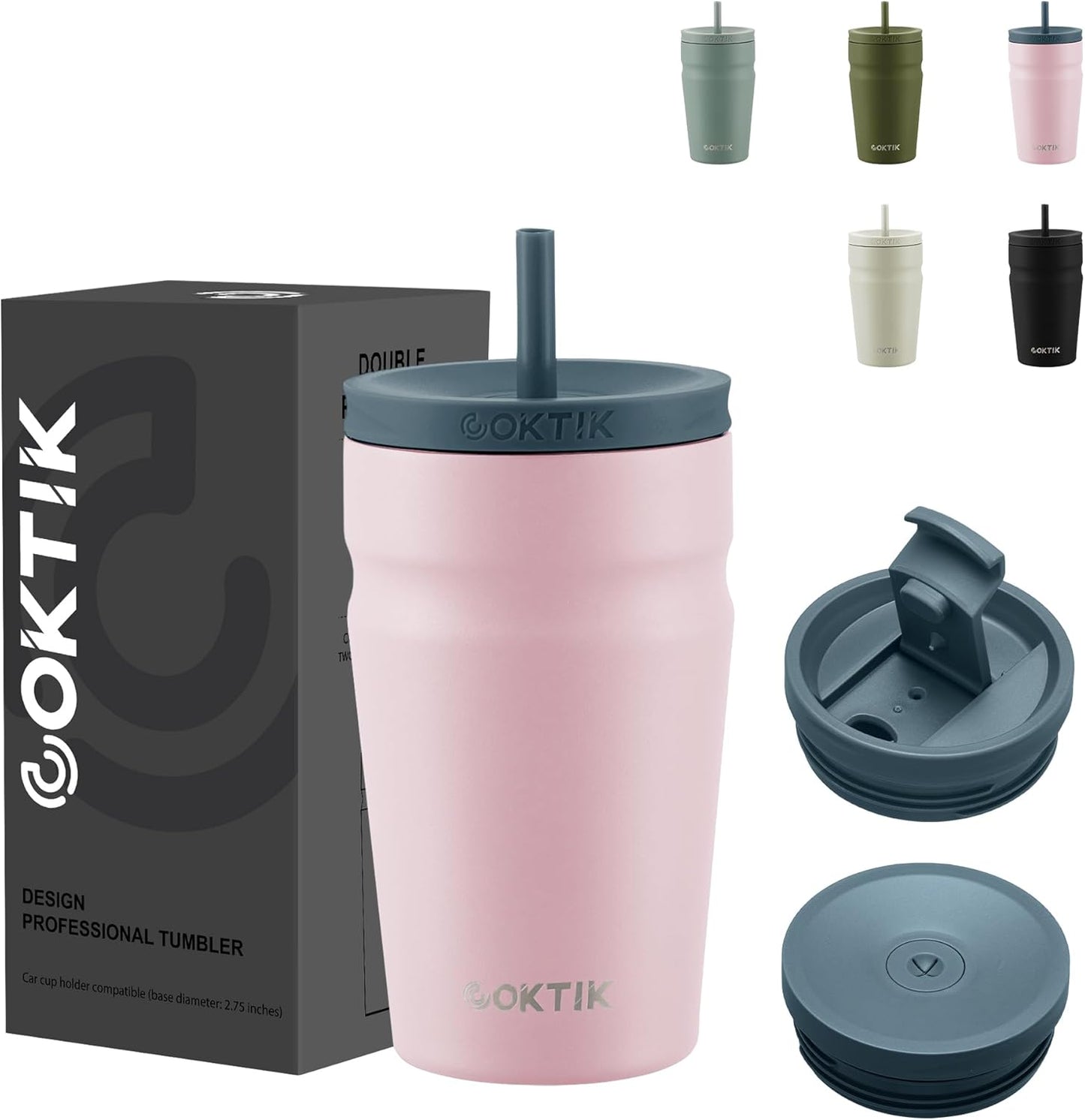 COKTIK 16oz Insulated Tumbler with Lid and Straw 2 Lids (Straw/Flip) Iced Coffee Cup Reusable Stainless Steel Travel Mug Water Bottle Cupholder Friendly for Women Men Her Him (Blush)
