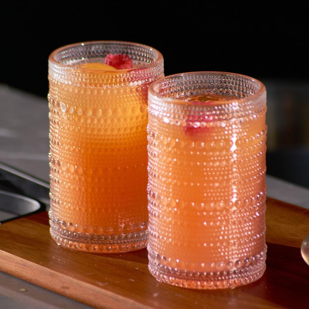 LEMONSODA Hobnail Highball Glasses Set of 2 – Vintage Clear Drinking Glass Cups 15oz – Textured Tall Retro Glassware Tumblers for Water, Iced Coffee, Cocktails, Soda, Juice (Highball 15oz, Set of 2)