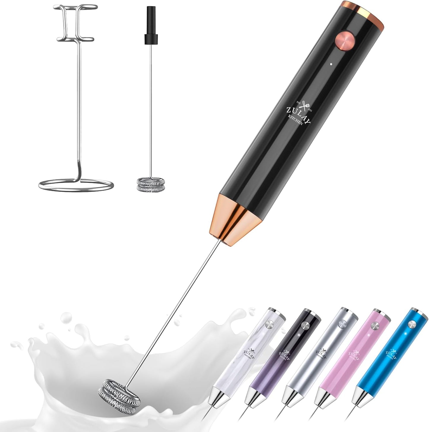 Zulay Kitchen Lux Rechargeable Milk Frother Handheld - Powerful 2-Speed Motor, Fully Waterproof, 2000mAh Battery - Drink Mixer For Latte, Cappuccino, Matcha, Protein Powder - Black Copper