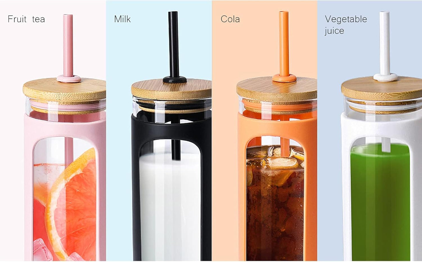 Kodrine 20oz Glass Tumbler with Straw and Lid, Bamboo Lids Water Bottle, Reusable Iced Coffee Cups, Wide Mouth Smoothie Cup with Protective Silicone Sleeve BPA FREE-White+Pink-2pack