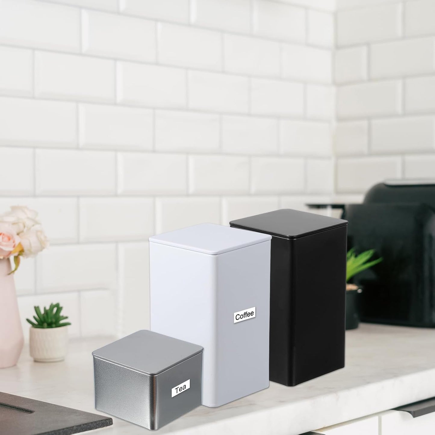 PATIKIL Metal Tea and Tin Set 3.35"x3.35"x3.35", 2 Pcs Airtight Storage Square Container with Lid for Loose Tea Coffee Candy Treats Gifts Spice DIY, Black