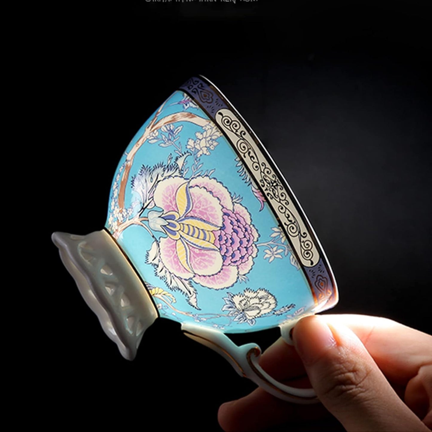 ACMLIFE Bone China Tea Cups, Tea Cup and Saucer Set for 1 Blue and White China Tea Cup 6.7oz Floral Vintage China Coffee Set for Women Party Gift Giving with Gold Trim and Gift Box