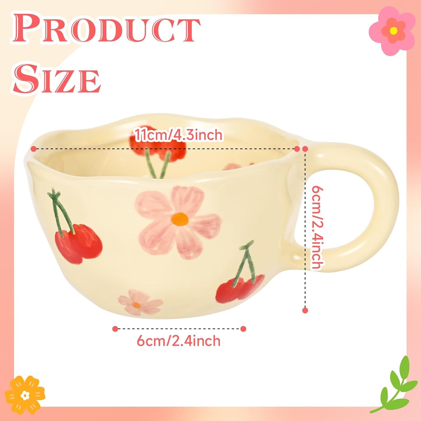 Ceramic Coffee Mug Vintage Flower Mugs 8 oz Cute Floral Coffee Mugs Irregular Latte Art Cup Lead-free Porcelain Cups for Cappuccino, Cocoa (Pink Cherry)