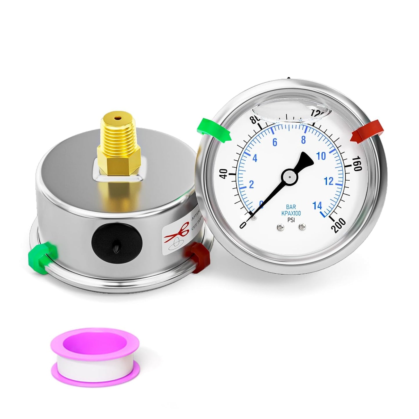 0-200psi Stainless Steel Glycerin Liquid Filled Pressure Gauge 1/4" NPT 2.5" Face Dial Center Back Mount, for Water, Oil and Air Pressure Testing (with Range Mark Pointer)