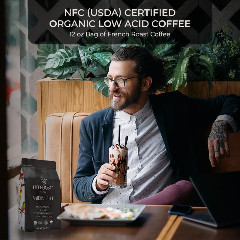 Lifeboost Midnight French Roast Coffee Beans - Single Origin Non-GMO USDA Organic Low Acid French Roast Coffee - Third Party Tested For Mycotoxins & Pesticides - 12 Ounces