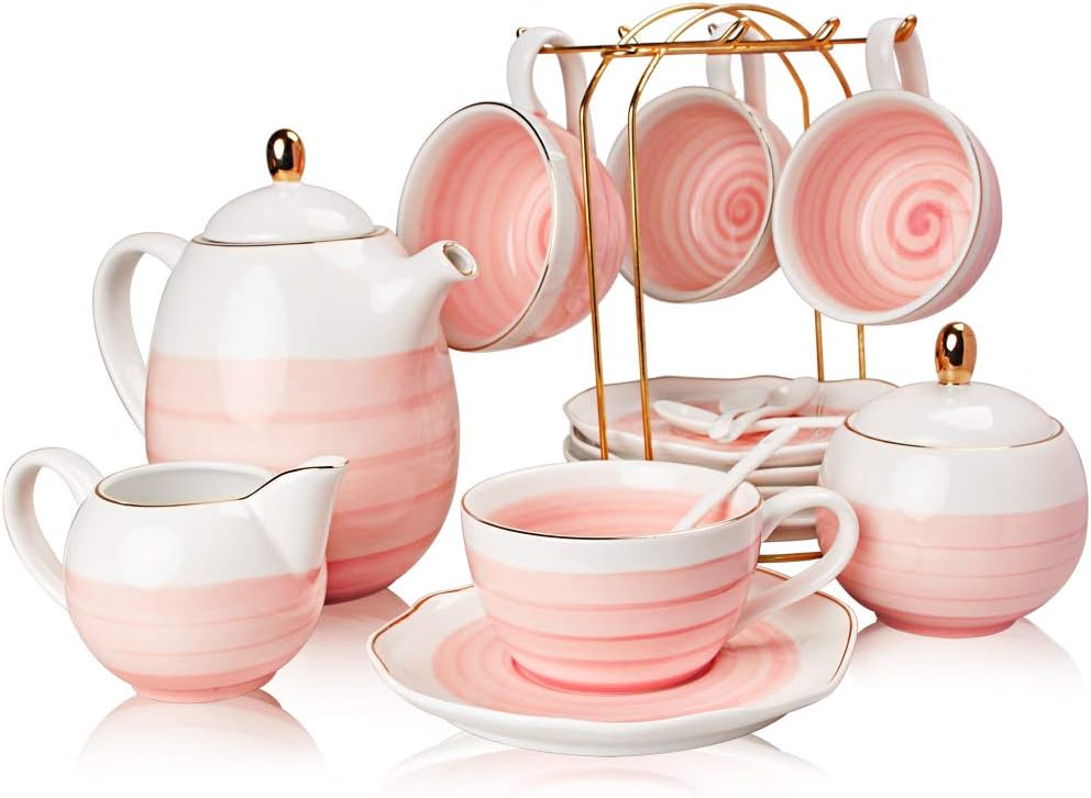 Sweejar Porcelain Tea Sets, 8 OZ Cups & Saucer Service for 4, Teapot Sugar Bowl Cream Pitcher Teaspoons and Tea Strainer for Adult Tea Coffee Afternoon Party (Pink)