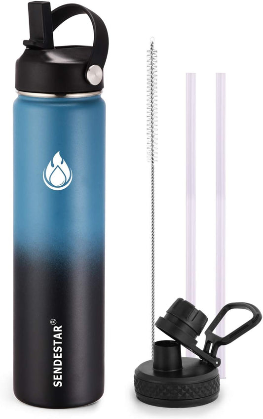 SENDESTAR Water Bottle 24oz Double Wall Vacuum Insulated Leak Proof Stainless Steel Sports Water Bottle—Wide Mouth with New Flex Straw Lid & Spout Lid (Deep Blue&Black)